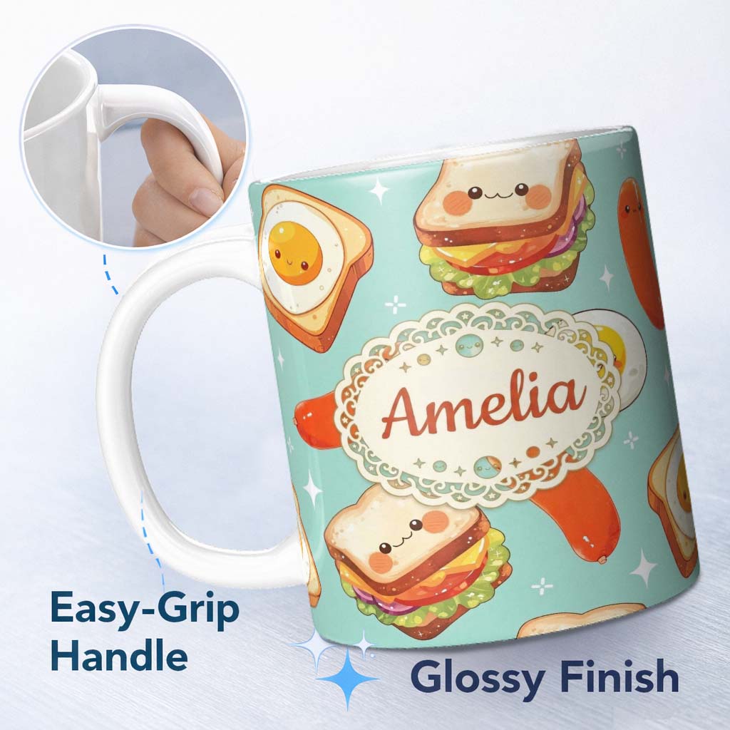 Personalized Custom Name Kawaii Breakfast Eggs Sausage and Sandwich Teal Seamless Pattern 11oz Ceramic Coffee Tea Mug White Large Handle