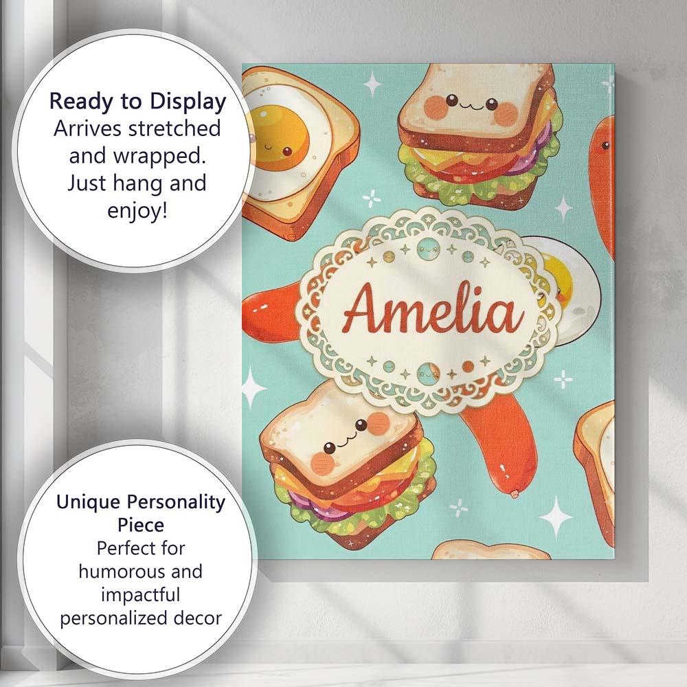 Personalised Name Kawaii Breakfast Eggs Custom  Modern Room Accent Elegant Feature Canvas Wall Art Print Decor Picture Ready to Hang