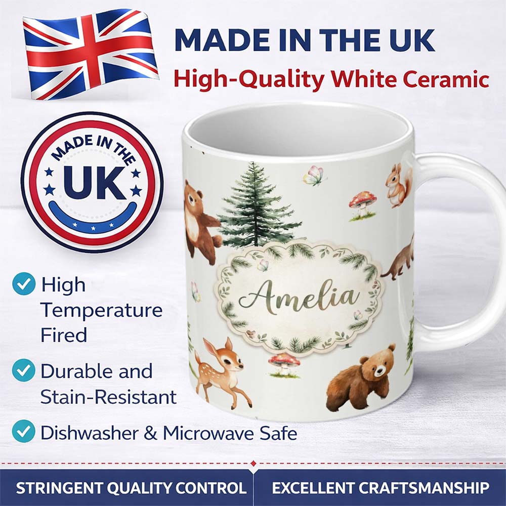 Personalized Custom Name Bear Bunny Squirrel Trees Mushrooms Butterfly Soft Neutral Seamless 11oz Ceramic Coffee Tea Mug White Large Handle