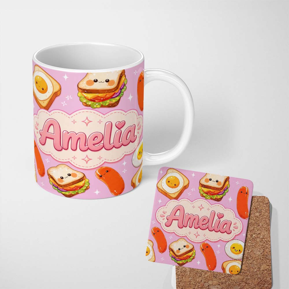 Personalized Custom Name Kawaii Breakfast Eggs Sausage and Sandwich Bright Pink Seamless 11oz Ceramic Coffee Tea Mug White Large Handle