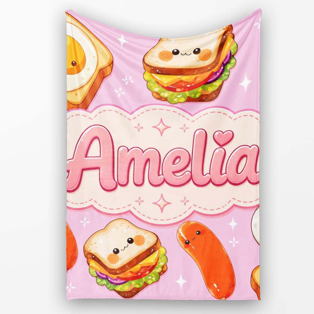 Kawaii Breakfast Eggs Sausage and Sandwich Bright Pink Seamless  Personalised Custom Name Super Soft Fleece Blanket Bed Sofa Throw