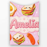 Kawaii Breakfast Eggs Sausage and Sandwich Bright Pink Seamless  Personalised Custom Name Super Soft Fleece Blanket Bed Sofa Throw