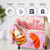 Kawaii Breakfast Eggs Sausage and Sandwich Bright Pink Seamless  Personalised Custom Name Super Soft Fleece Blanket Bed Sofa Throw