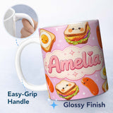 Personalized Custom Name Kawaii Breakfast Eggs Sausage and Sandwich Bright Pink Seamless 11oz Ceramic Coffee Tea Mug White Large Handle