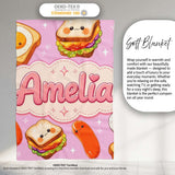 Kawaii Breakfast Eggs Sausage and Sandwich Bright Pink Seamless  Personalised Custom Name Super Soft Fleece Blanket Bed Sofa Throw