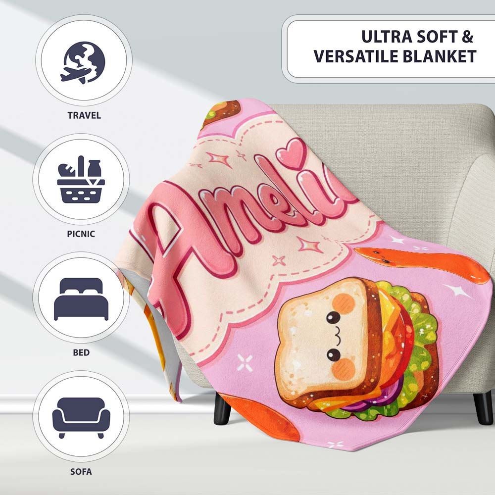 Kawaii Breakfast Eggs Sausage and Sandwich Bright Pink Seamless  Personalised Custom Name Super Soft Fleece Blanket Bed Sofa Throw