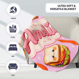 Kawaii Breakfast Eggs Sausage and Sandwich Bright Pink Seamless  Personalised Custom Name Super Soft Fleece Blanket Bed Sofa Throw