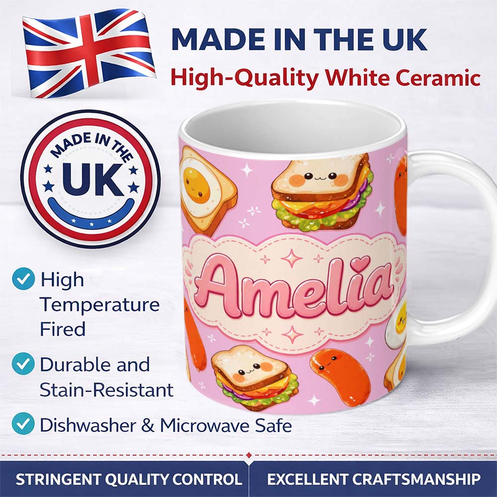 Personalized Custom Name Kawaii Breakfast Eggs Sausage and Sandwich Bright Pink Seamless 11oz Ceramic Coffee Tea Mug White Large Handle