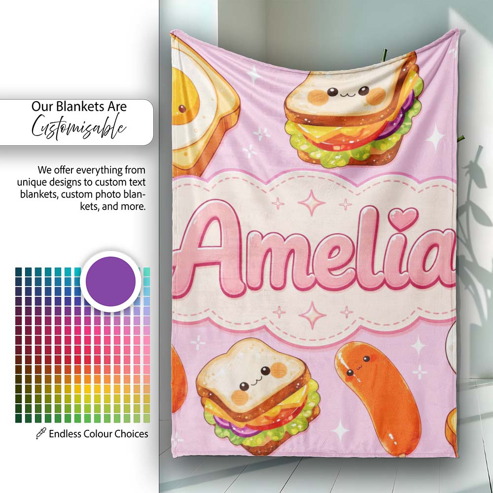 Kawaii Breakfast Eggs Sausage and Sandwich Bright Pink Seamless  Personalised Custom Name Super Soft Fleece Blanket Bed Sofa Throw