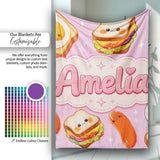 Kawaii Breakfast Eggs Sausage and Sandwich Bright Pink Seamless  Personalised Custom Name Super Soft Fleece Blanket Bed Sofa Throw