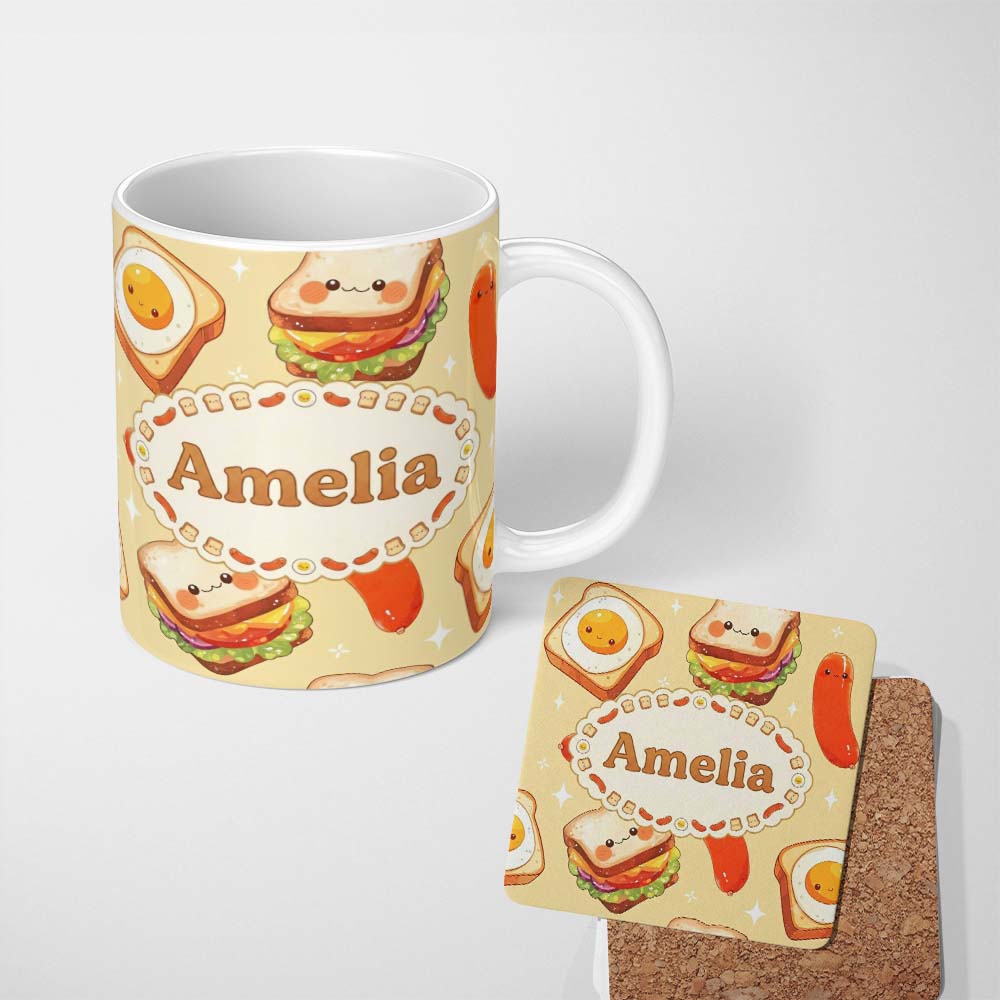 Personalized Custom Name Kawaii Breakfast Eggs Sausage and Sandwich Yellow Seamless Pattern 11oz Ceramic Coffee Tea Mug White Large Handle