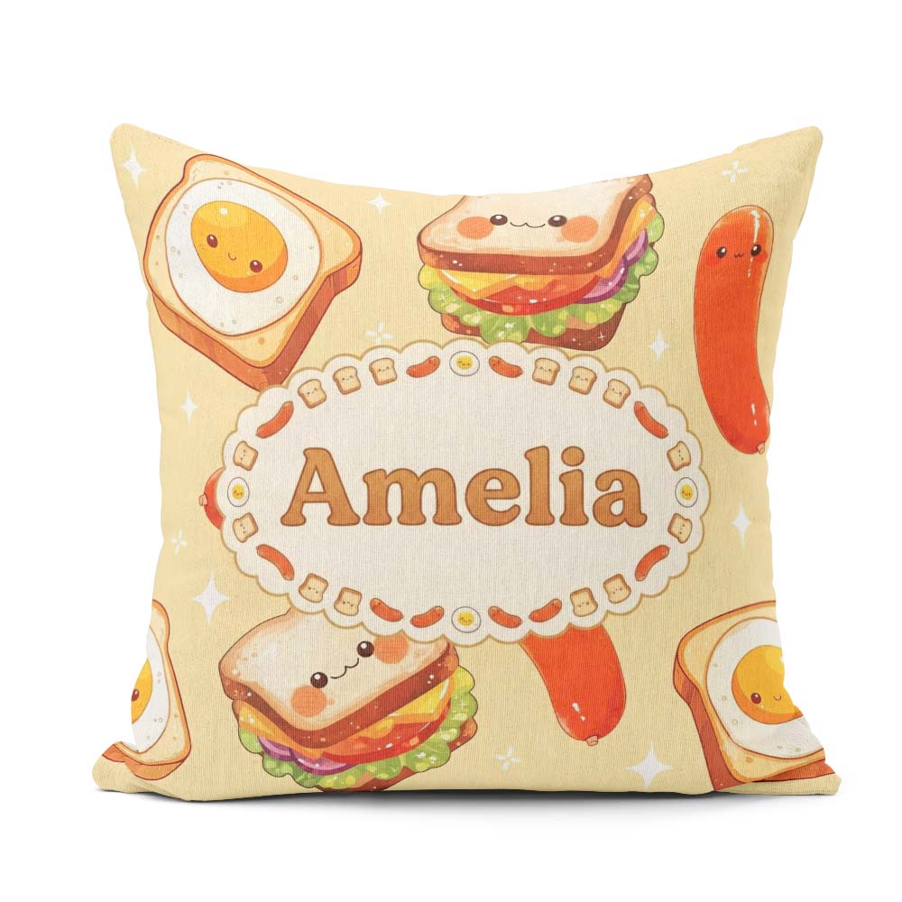 Custom Name Kawaii Breakfast Sausage and Sandwich Yellow Pattern Square Filled Cushion Throw Pillow Sofa Bed Home Decor Zip Washable UK Made