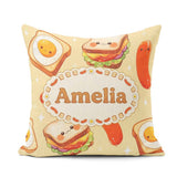 Custom Name Kawaii Breakfast Sausage and Sandwich Yellow Pattern Square Filled Cushion Throw Pillow Sofa Bed Home Decor Zip Washable UK Made