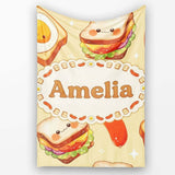Kawaii Breakfast Eggs Sausage and Sandwich Yellow Seamless Pattern  Personalised Custom Name Super Soft Fleece Blanket Bed Sofa Throw