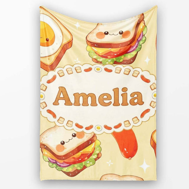 Kawaii Breakfast Eggs Sausage and Sandwich Yellow Seamless Pattern  Personalised Custom Name Super Soft Fleece Blanket Bed Sofa Throw