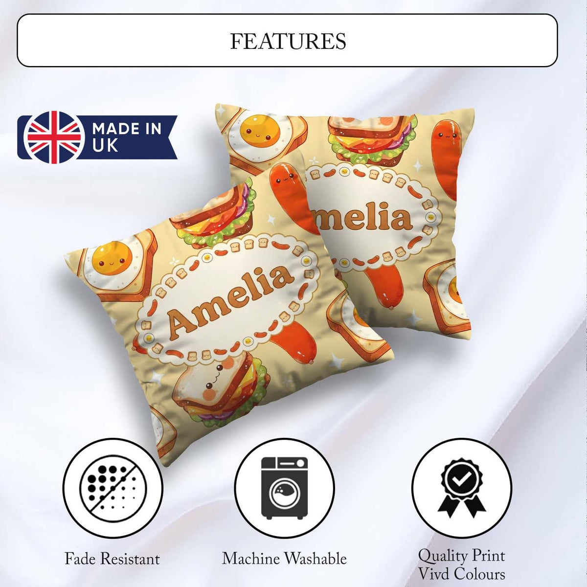 Custom Name Kawaii Breakfast Sausage and Sandwich Yellow Pattern Square Filled Cushion Throw Pillow Sofa Bed Home Decor Zip Washable UK Made