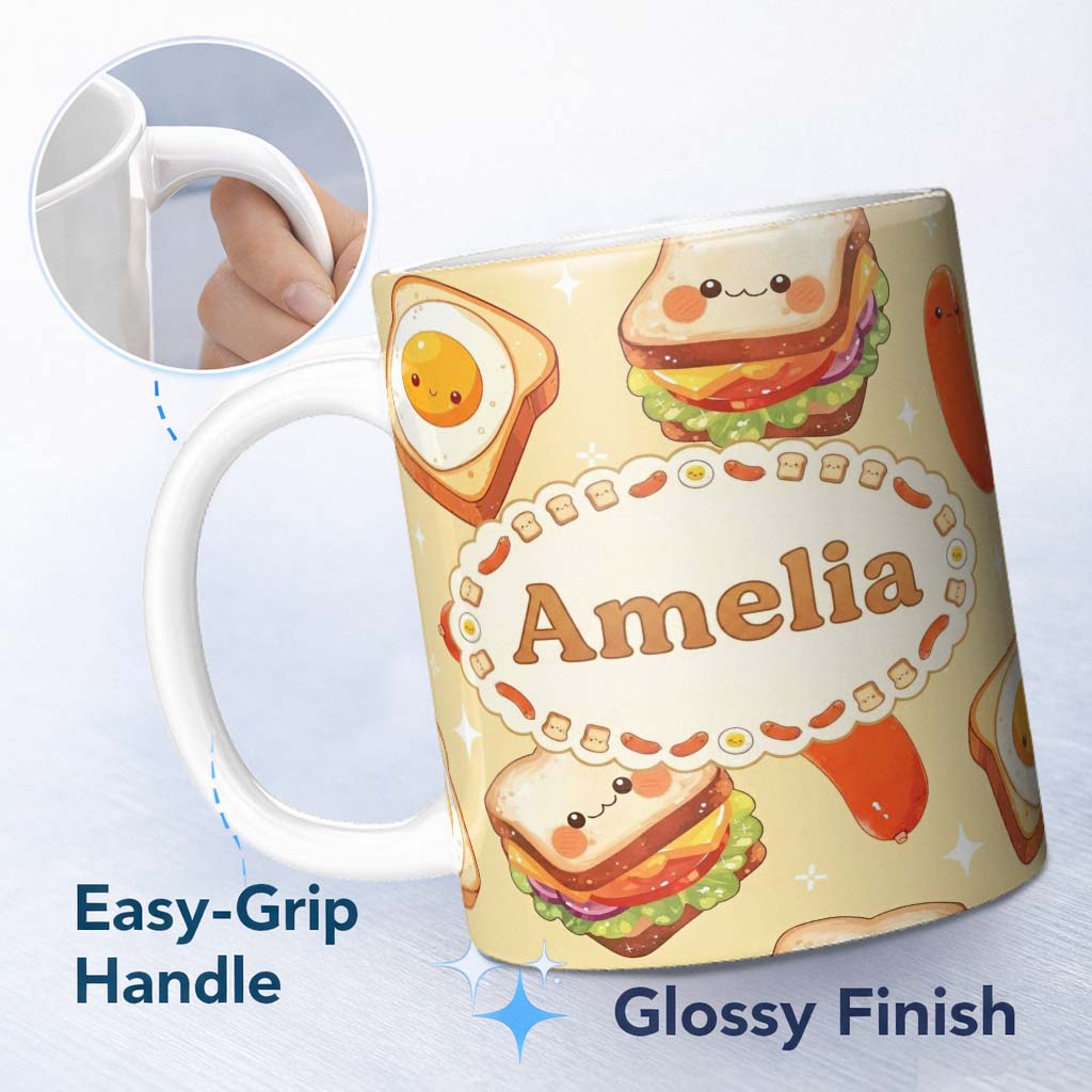 Personalized Custom Name Kawaii Breakfast Eggs Sausage and Sandwich Yellow Seamless Pattern 11oz Ceramic Coffee Tea Mug White Large Handle