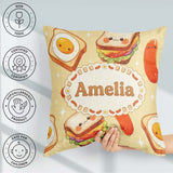 Custom Name Kawaii Breakfast Sausage and Sandwich Yellow Pattern Square Filled Cushion Throw Pillow Sofa Bed Home Decor Zip Washable UK Made