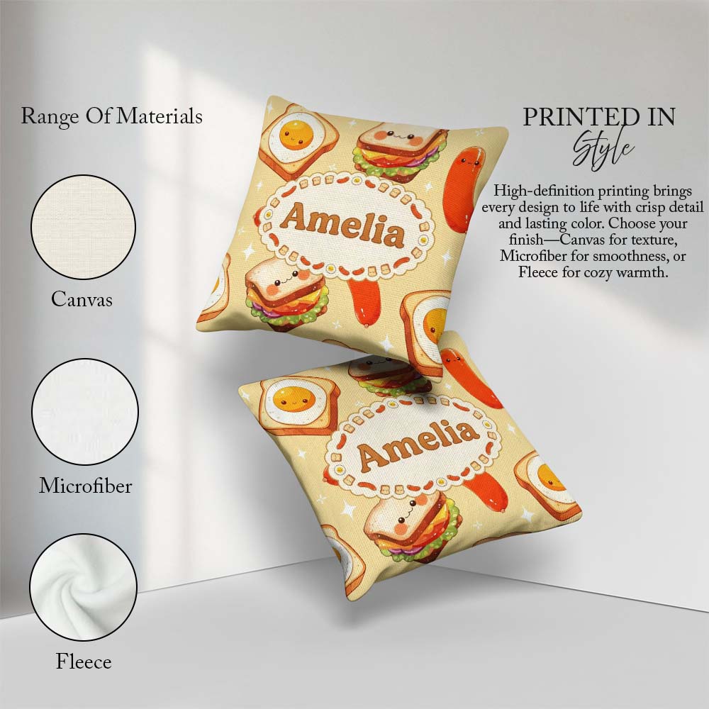 Custom Name Kawaii Breakfast Sausage and Sandwich Yellow Pattern Square Filled Cushion Throw Pillow Sofa Bed Home Decor Zip Washable UK Made
