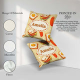 Custom Name Kawaii Breakfast Sausage and Sandwich Yellow Pattern Square Filled Cushion Throw Pillow Sofa Bed Home Decor Zip Washable UK Made