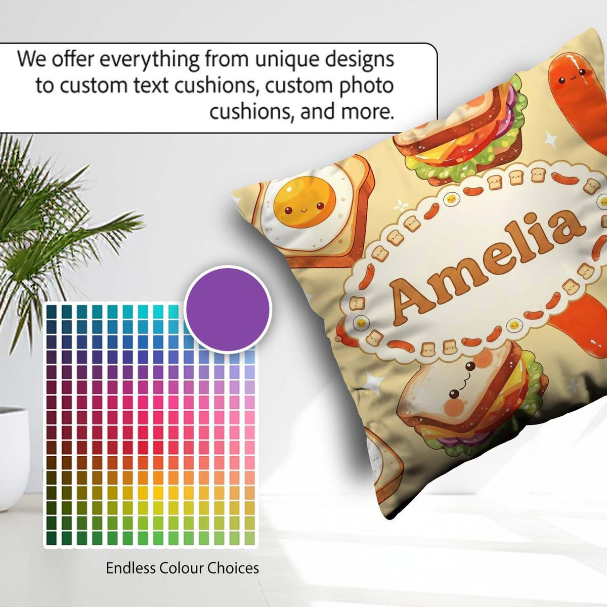 Custom Name Kawaii Breakfast Sausage and Sandwich Yellow Pattern Square Filled Cushion Throw Pillow Sofa Bed Home Decor Zip Washable UK Made