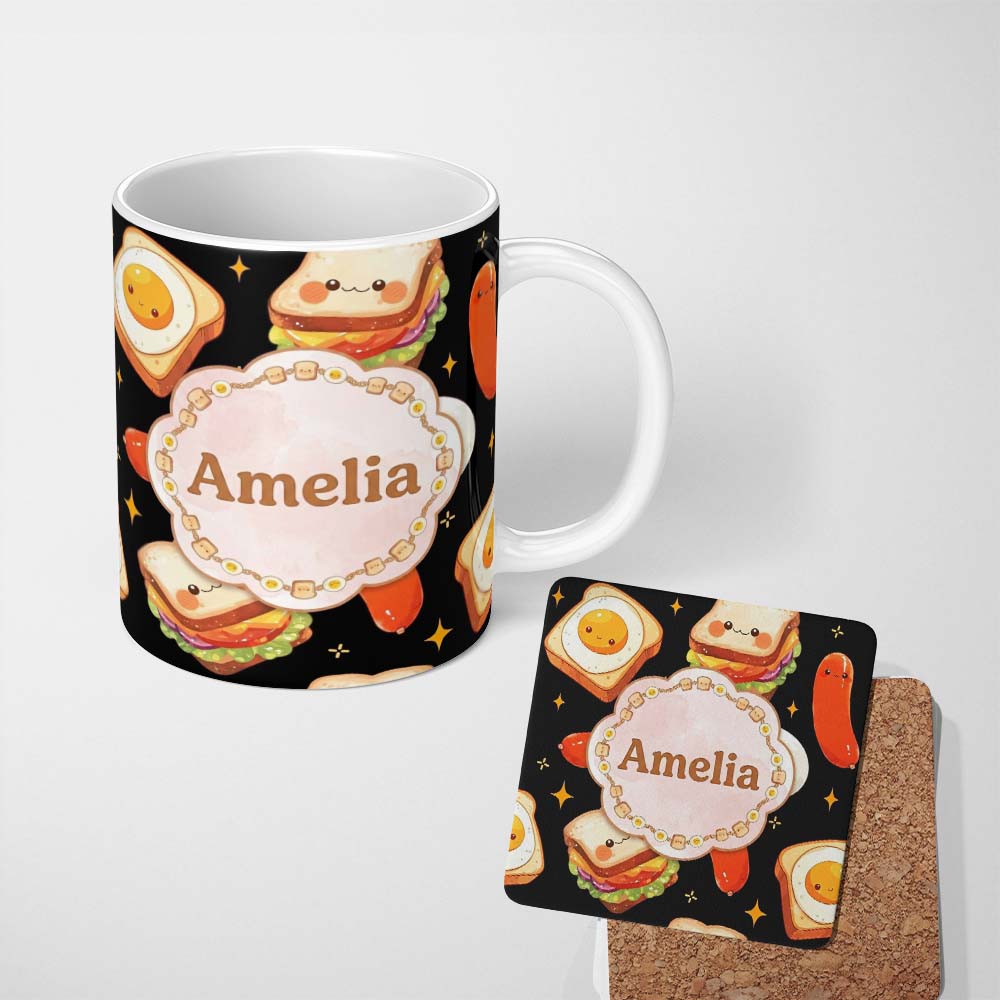 Personalized Custom Name Kawaii Breakfast Eggs Sausage and Sandwich Black Seamless Pattern 11oz Ceramic Coffee Tea Mug White Large Handle