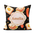 Custom Name Kawaii Breakfast Sausage and Sandwich Black Seamless Square Filled Cushion Throw Pillow Sofa Bed Home Decor Zip Washable UK Made