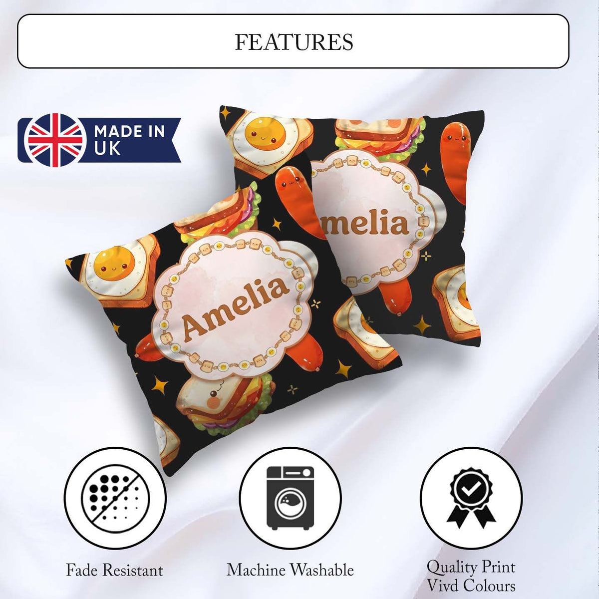 Custom Name Kawaii Breakfast Sausage and Sandwich Black Seamless Square Filled Cushion Throw Pillow Sofa Bed Home Decor Zip Washable UK Made
