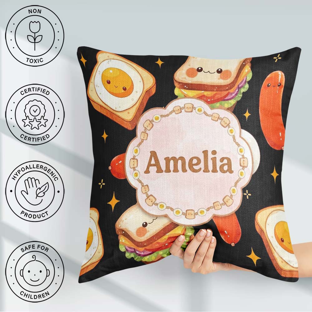 Custom Name Kawaii Breakfast Sausage and Sandwich Black Seamless Square Filled Cushion Throw Pillow Sofa Bed Home Decor Zip Washable UK Made