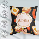 Custom Name Kawaii Breakfast Sausage and Sandwich Black Seamless Square Filled Cushion Throw Pillow Sofa Bed Home Decor Zip Washable UK Made