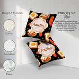 Custom Name Kawaii Breakfast Sausage and Sandwich Black Seamless Square Filled Cushion Throw Pillow Sofa Bed Home Decor Zip Washable UK Made