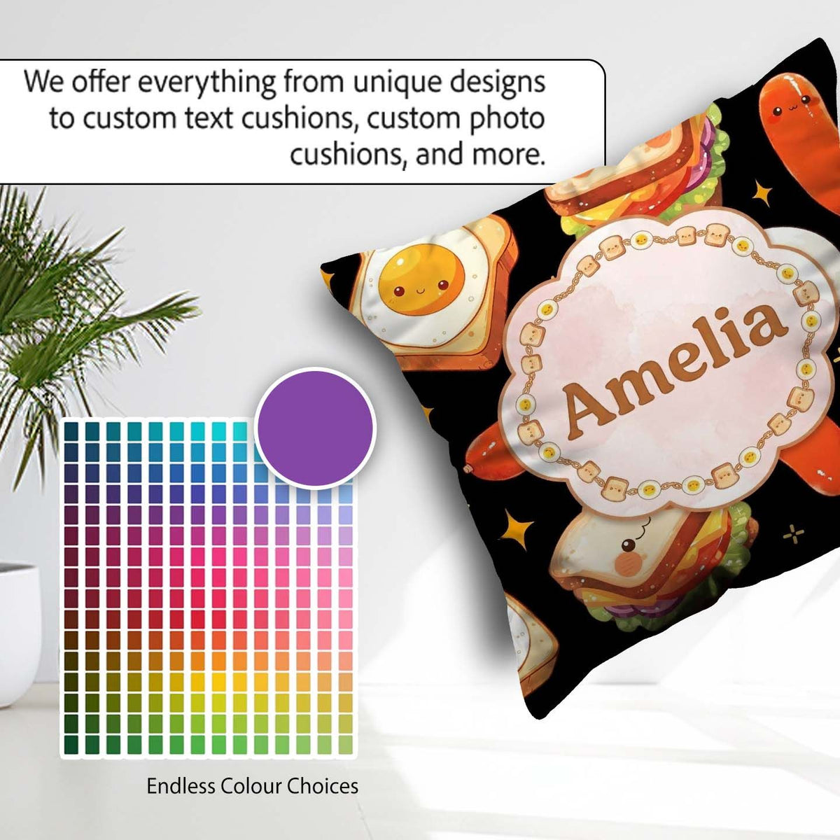 Custom Name Kawaii Breakfast Sausage and Sandwich Black Seamless Square Filled Cushion Throw Pillow Sofa Bed Home Decor Zip Washable UK Made