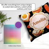 Custom Name Kawaii Breakfast Sausage and Sandwich Black Seamless Square Filled Cushion Throw Pillow Sofa Bed Home Decor Zip Washable UK Made