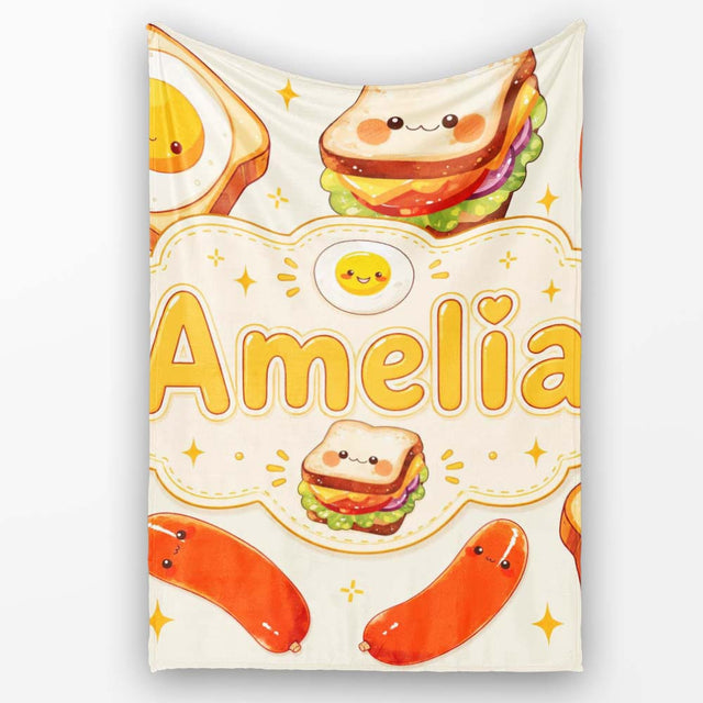 Kawaii Breakfast Eggs Sausage and Sandwich Cream Seamless Pattern  Personalised Custom Name Super Soft Fleece Blanket Bed Sofa Throw