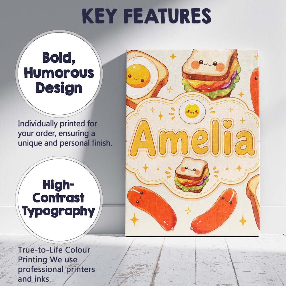Personalised Name Kawaii Breakfast Eggs Custom  Modern Room Accent Elegant Feature Canvas Wall Art Print Decor Picture Ready to Hang