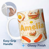 Personalized Custom Name Kawaii Breakfast Eggs Sausage and Sandwich Cream Seamless Pattern 11oz Ceramic Coffee Tea Mug White Large Handle
