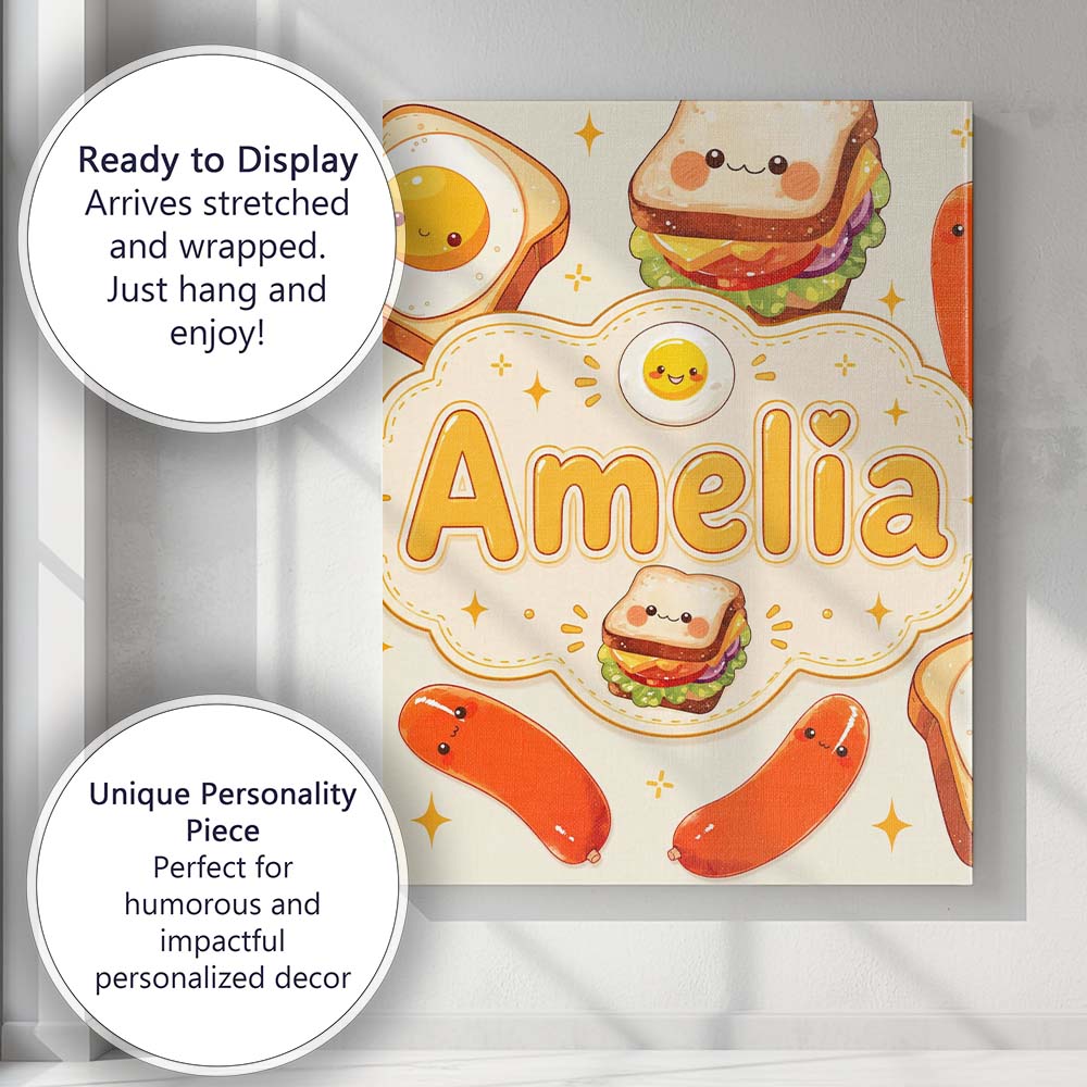 Personalised Name Kawaii Breakfast Eggs Custom  Modern Room Accent Elegant Feature Canvas Wall Art Print Decor Picture Ready to Hang