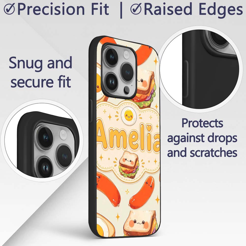 Kawaii Breakfast Eggs Sausage and Sandwich Cream Custom Name Protective Phone Case Mobile Cover Durable Everyday Smartphone Shock Resistant