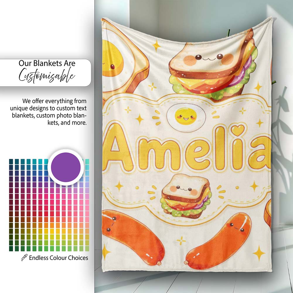 Kawaii Breakfast Eggs Sausage and Sandwich Cream Seamless Pattern  Personalised Custom Name Super Soft Fleece Blanket Bed Sofa Throw