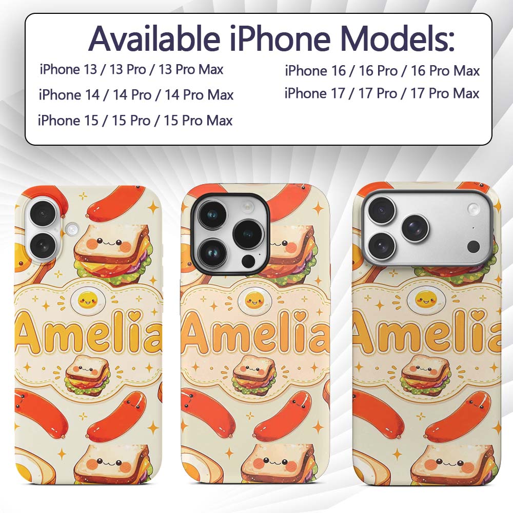 Kawaii Breakfast Eggs Sausage and Sandwich Cream Custom Name Protective Phone Case Mobile Cover Durable Everyday Smartphone Shock Resistant