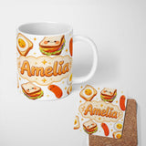 Personalized Custom Name Kawaii Breakfast Eggs Sausage and Sandwich Light Grey Seamless 11oz Ceramic Coffee Tea Mug White Large Handle