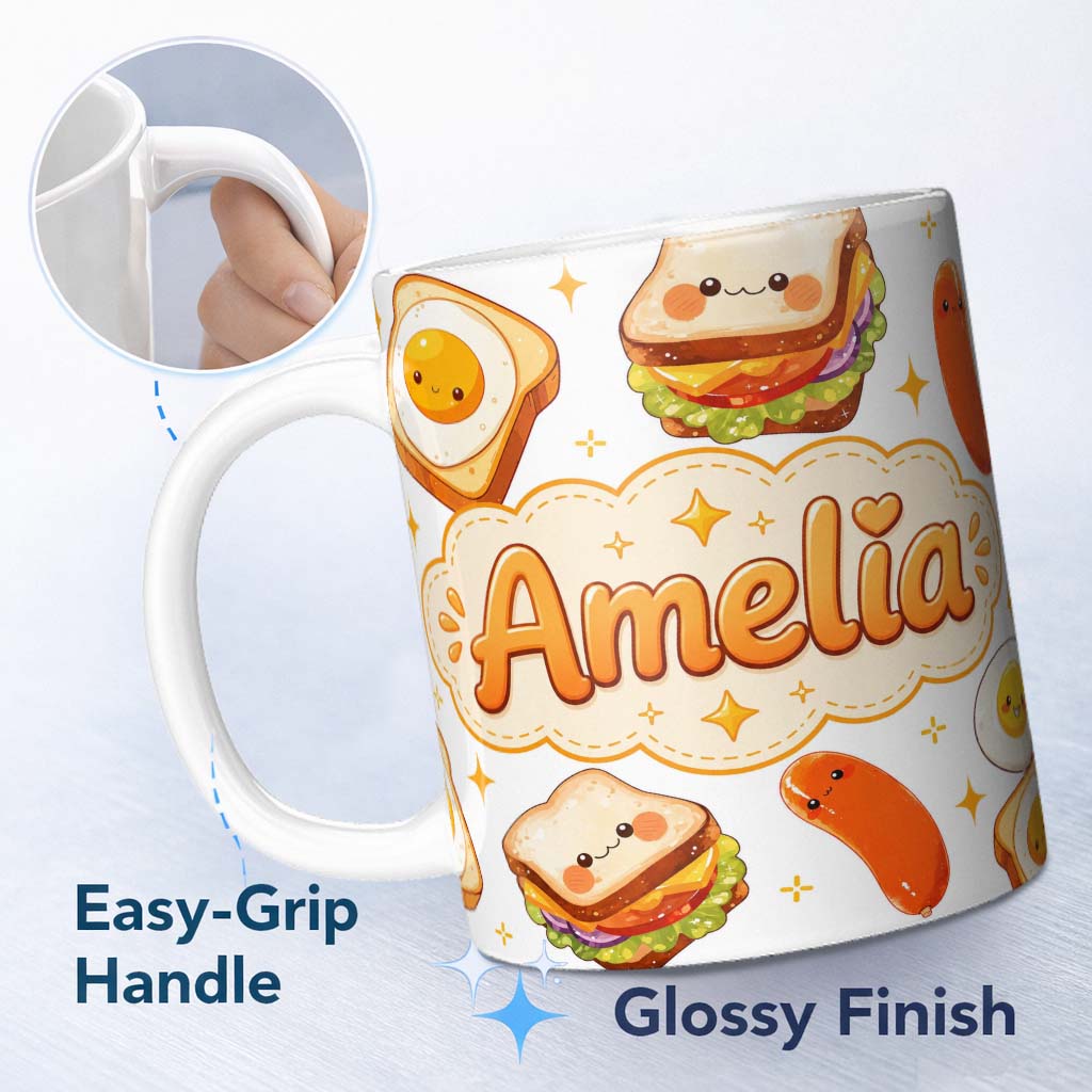 Personalized Custom Name Kawaii Breakfast Eggs Sausage and Sandwich Light Grey Seamless 11oz Ceramic Coffee Tea Mug White Large Handle