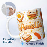 Personalized Custom Name Kawaii Breakfast Eggs Sausage and Sandwich Light Grey Seamless 11oz Ceramic Coffee Tea Mug White Large Handle