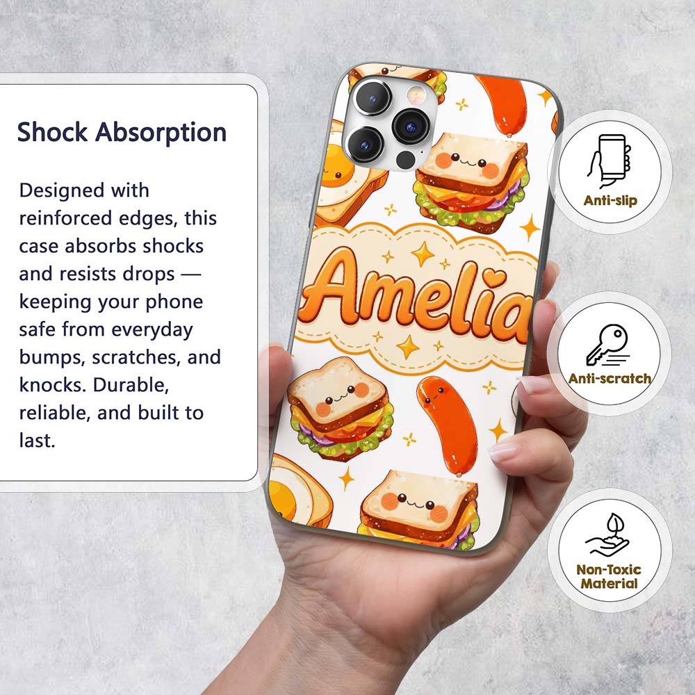 Kawaii Breakfast Eggs Sausage and Sandwich Light Custom Name Protective Phone Case Mobile Cover Durable Everyday Smartphone Shock Resistant