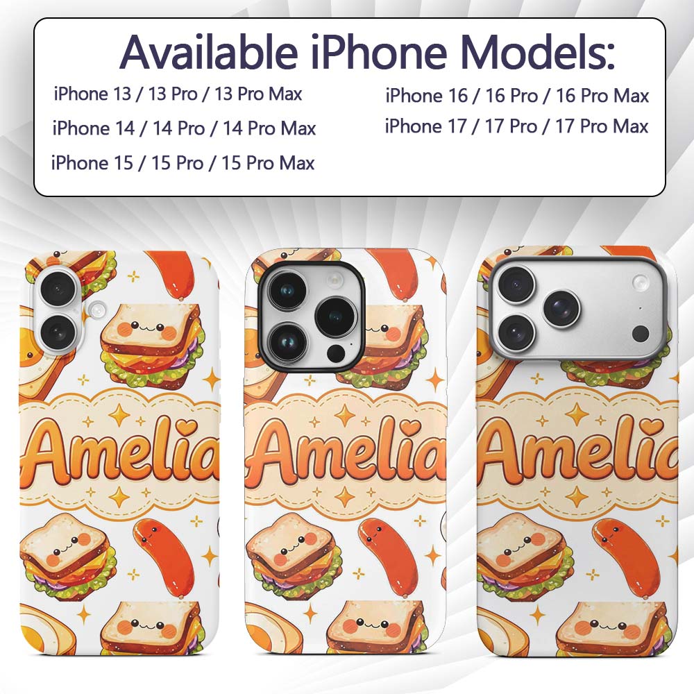 Kawaii Breakfast Eggs Sausage and Sandwich Light Custom Name Protective Phone Case Mobile Cover Durable Everyday Smartphone Shock Resistant