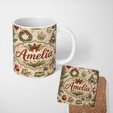 Personalized Custom Name Rustic Christmas Wreath Bells Pine Branches Baubles and Snowy Lovely 11oz Ceramic Coffee Tea Mug White Large Handle