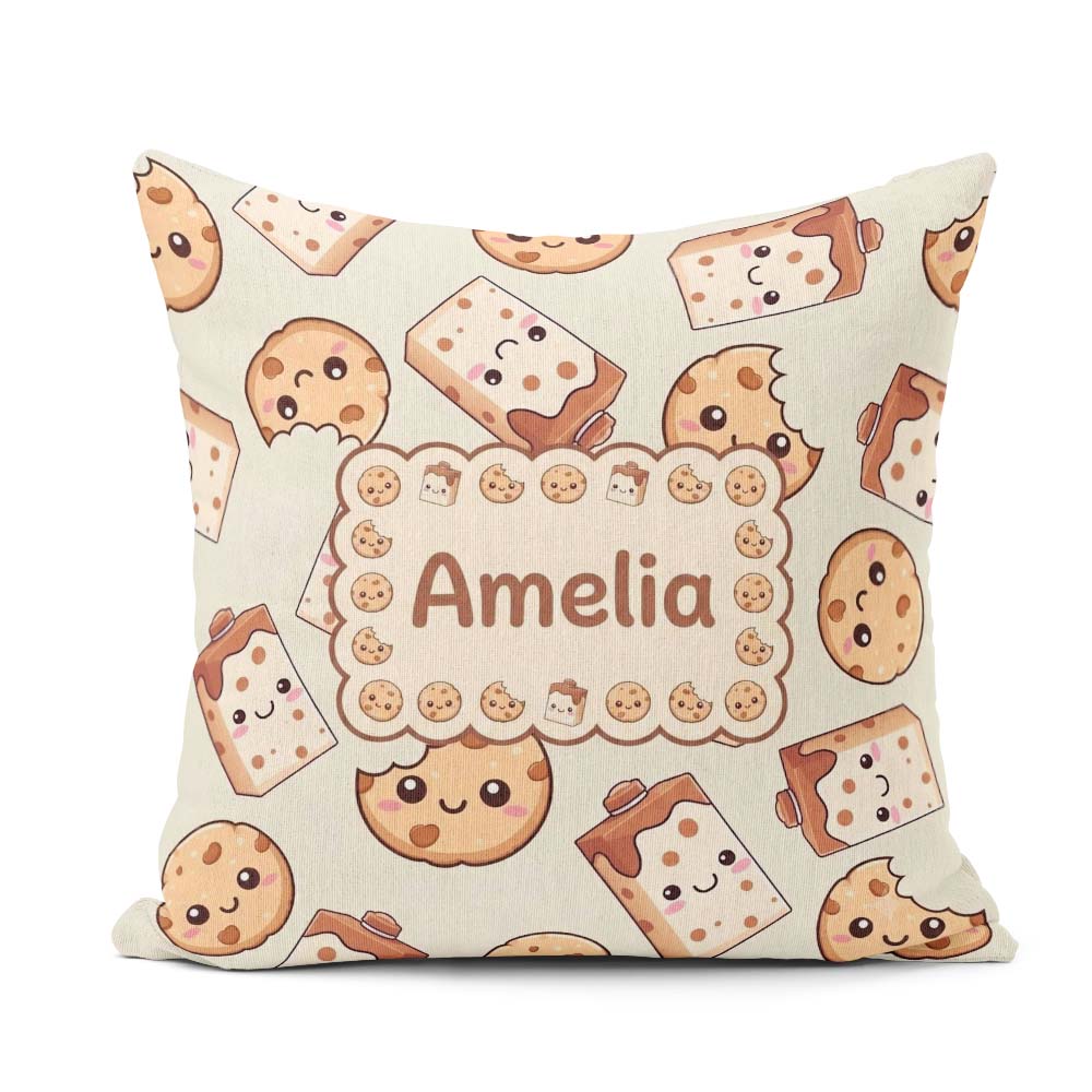 Custom Name Cute Kawaii Cookies and Milk Carton Cream Background Square Filled Cushion Throw Pillow Sofa Bed Home Decor Zip Washable UK Made