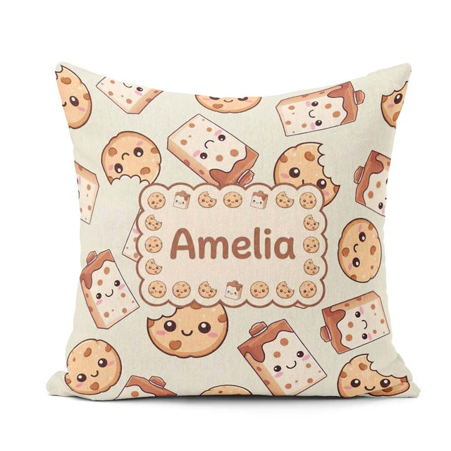 Custom Name Cute Kawaii Cookies and Milk Carton Cream Background Square Filled Cushion Throw Pillow Sofa Bed Home Decor Zip Washable UK Made