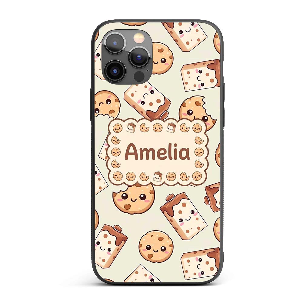 Cute Kawaii Cookies and Chocolate Milk Carton Custom Name Protective Phone Case Mobile Cover Durable Everyday Smartphone Shock Resistant