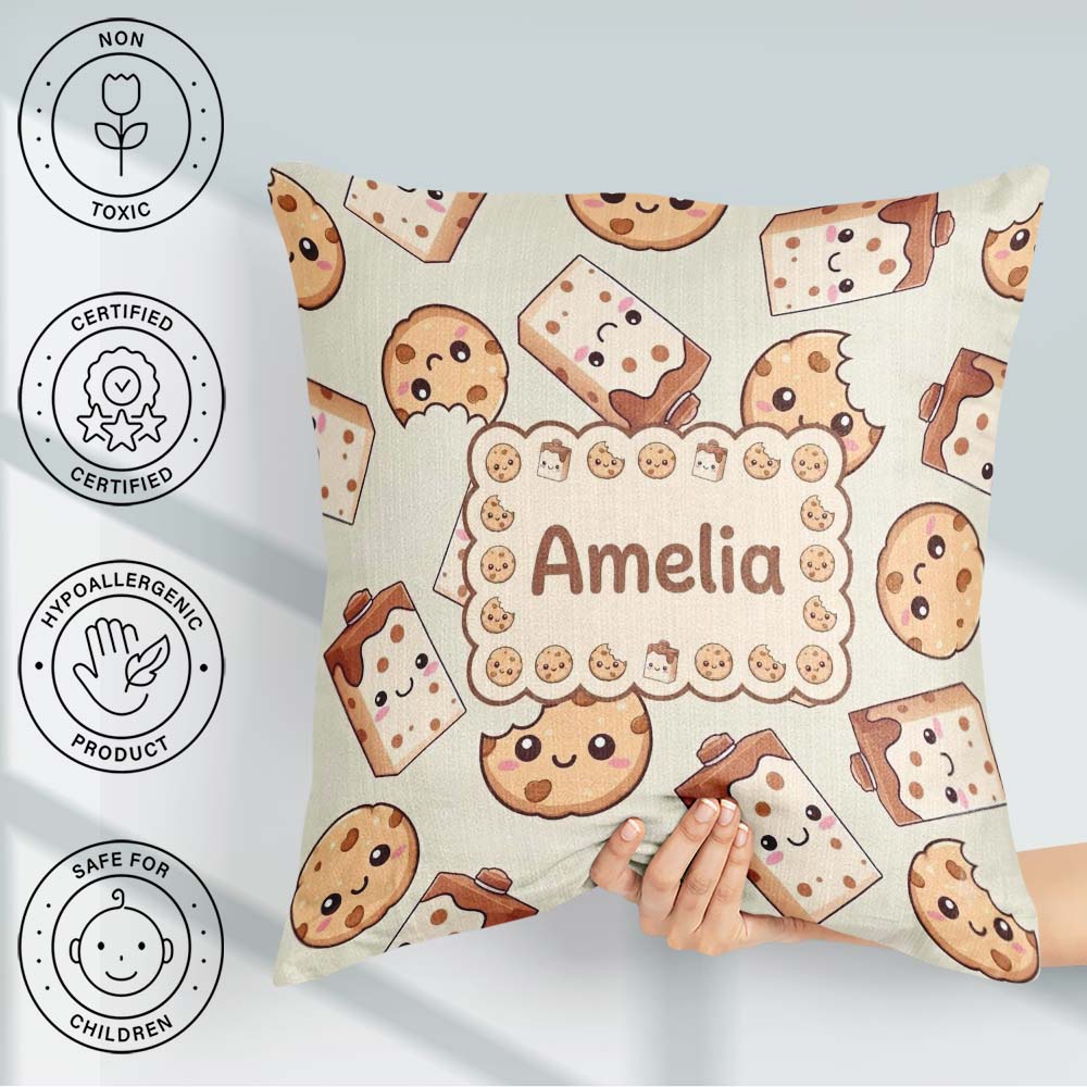 Custom Name Cute Kawaii Cookies and Milk Carton Cream Background Square Filled Cushion Throw Pillow Sofa Bed Home Decor Zip Washable UK Made